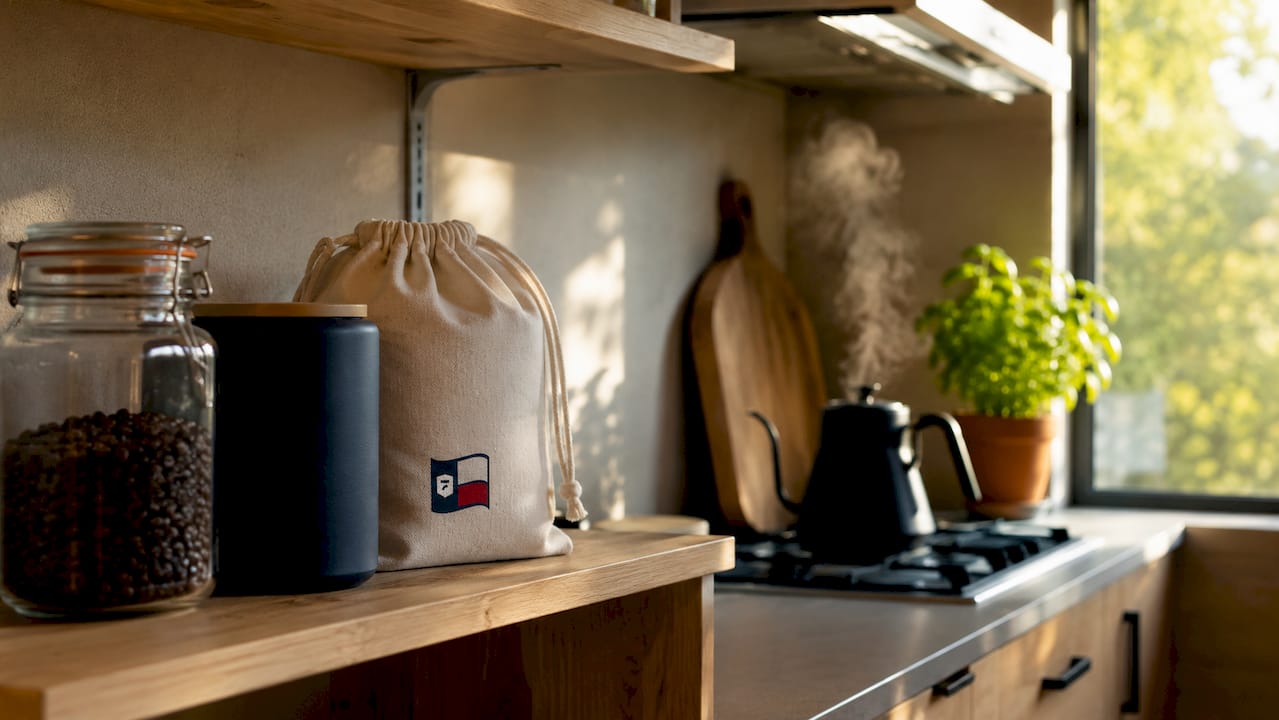 Variety of coffee storage containers on pantry shelf