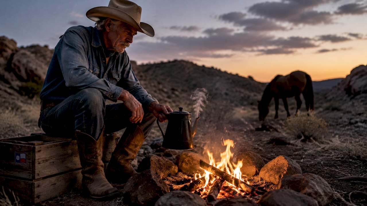 Cowboy making coffee over campfire outdoors