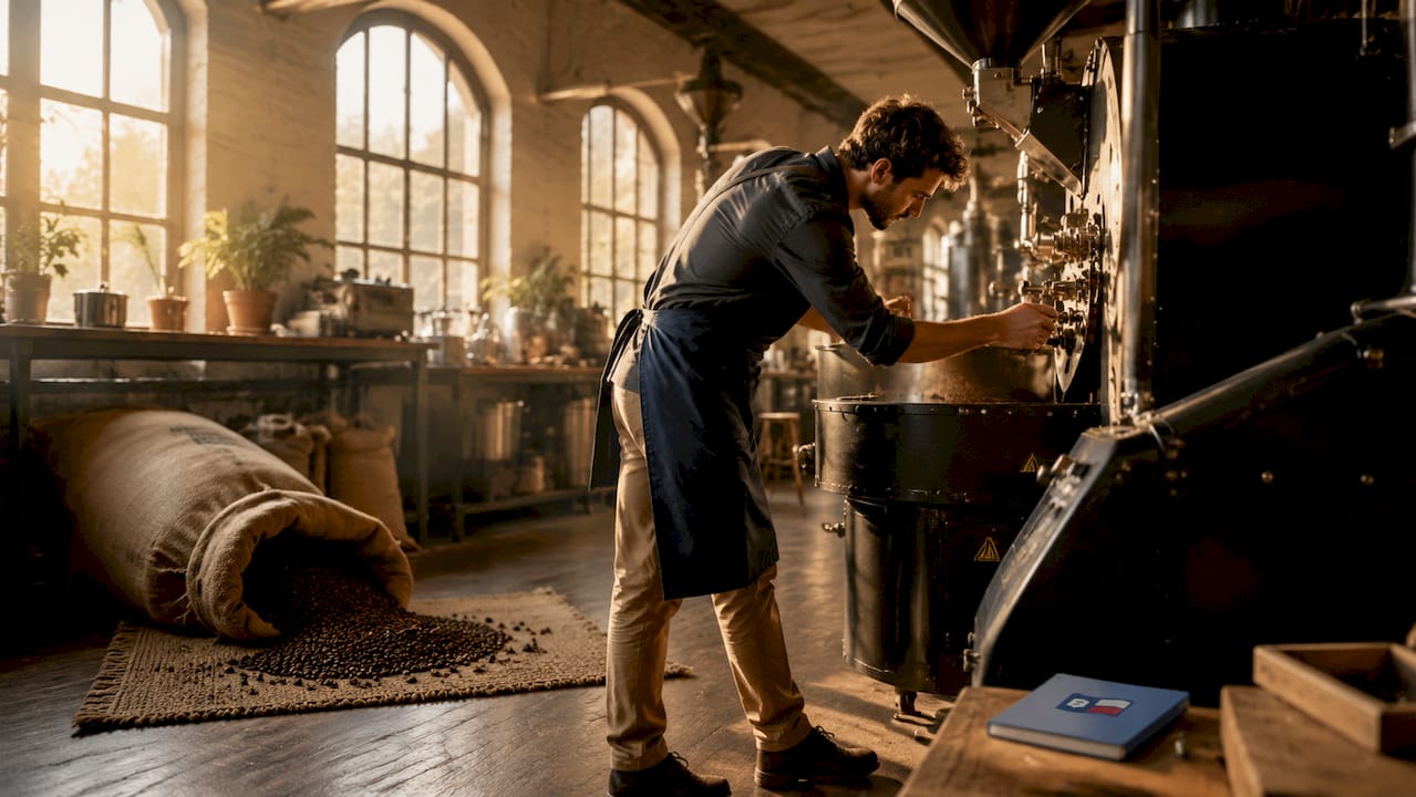 Close-up hands controlling coffee roasting machine