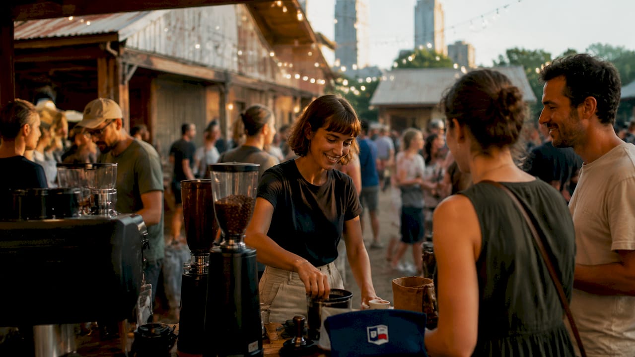 Texas coffee market with roasting booths
