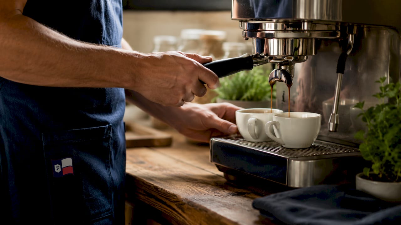 Barista preparing double espresso shot close-up
