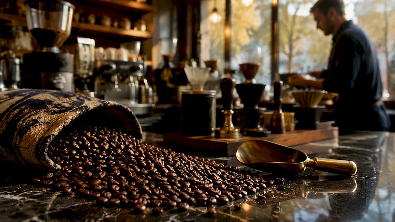 Close-up of medium-light roasted coffee beans on table