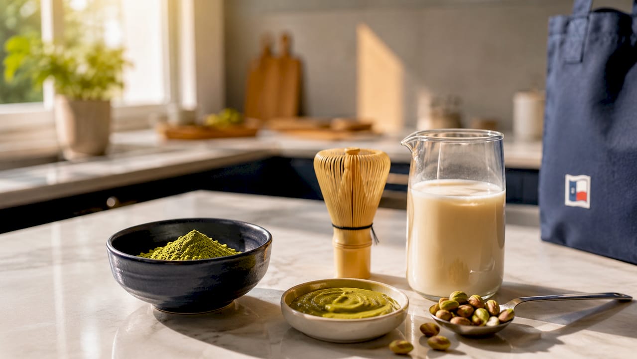 Ingredients and tools for pistachio matcha latte