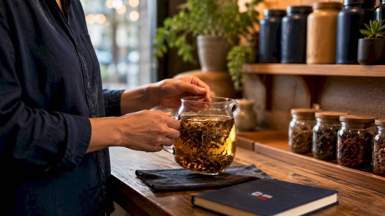 Hands stirring tea-infused simple syrup in jar