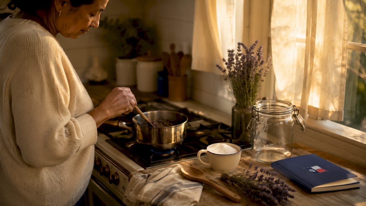 Woman stirring lavender syrup on stove in home kitchen