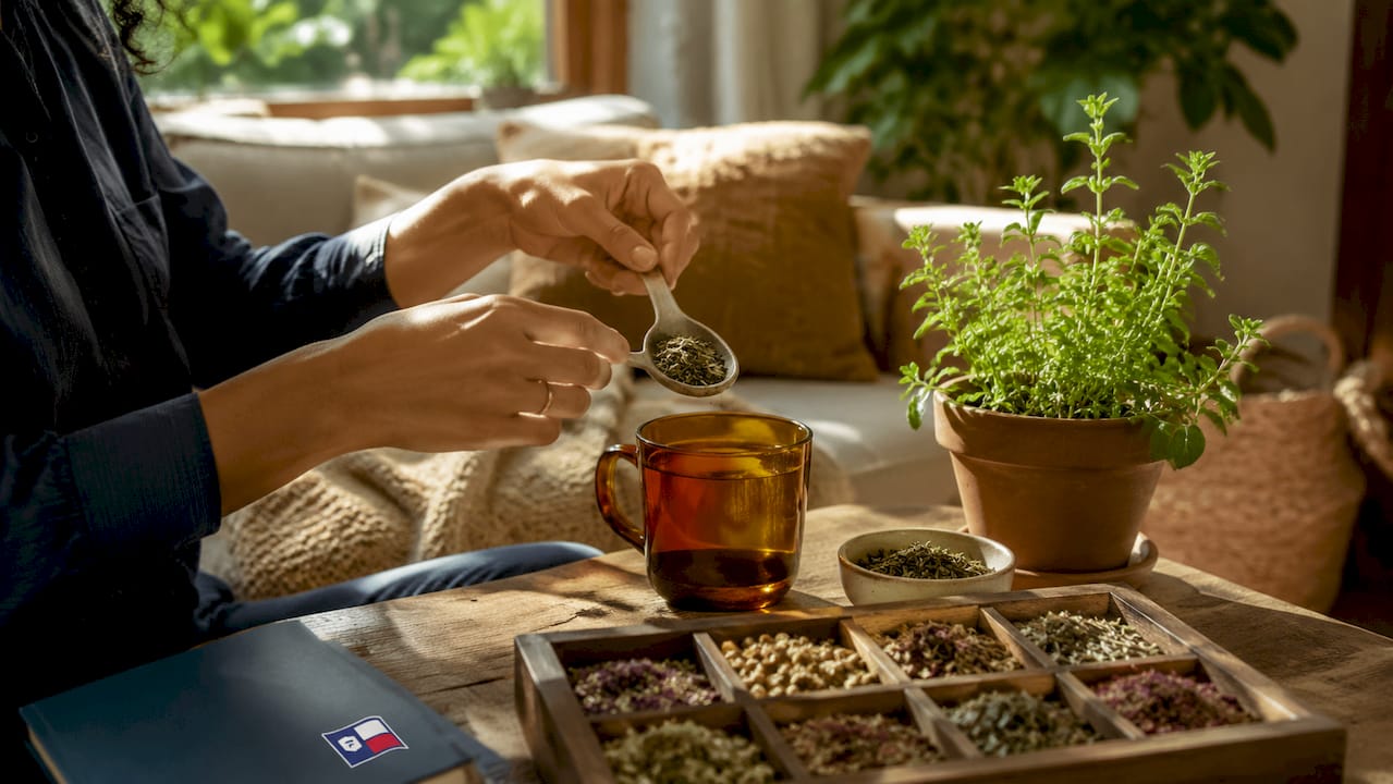 Hands adding dried stevia leaves to tea cup