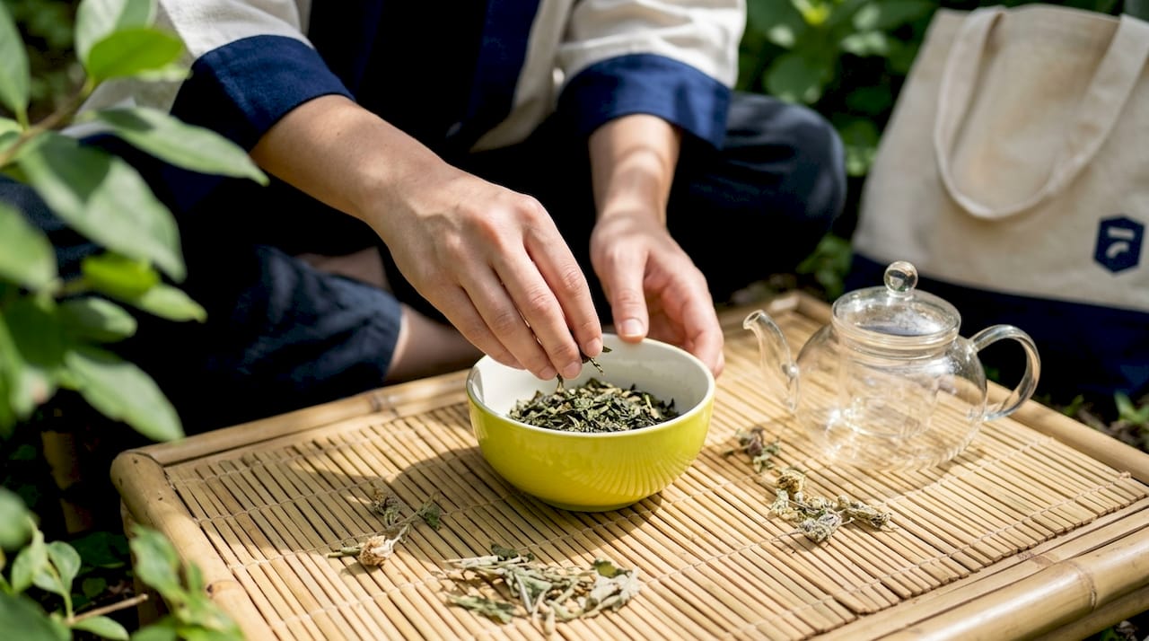 Hands selecting premium loose-leaf tea