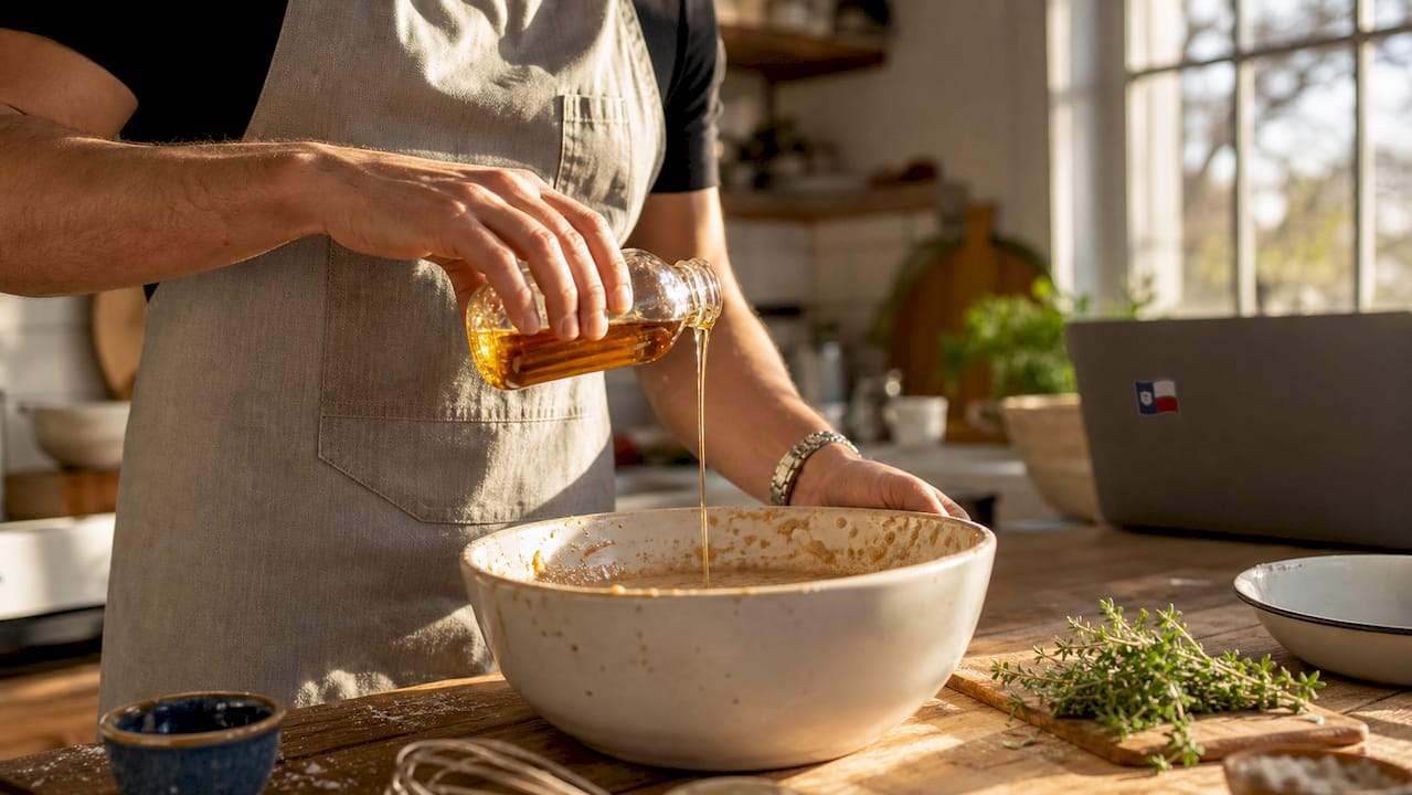 Chef pouring agave syrup into mixing bowl