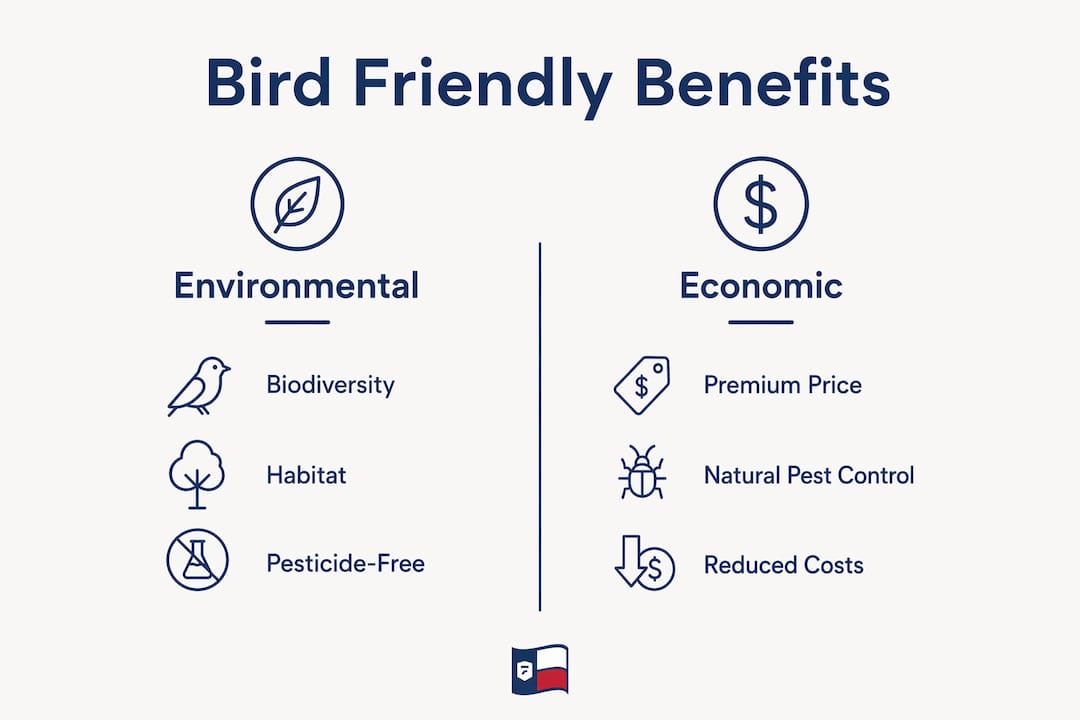 Infographic comparing environmental and economic benefits of Bird Friendly coffee