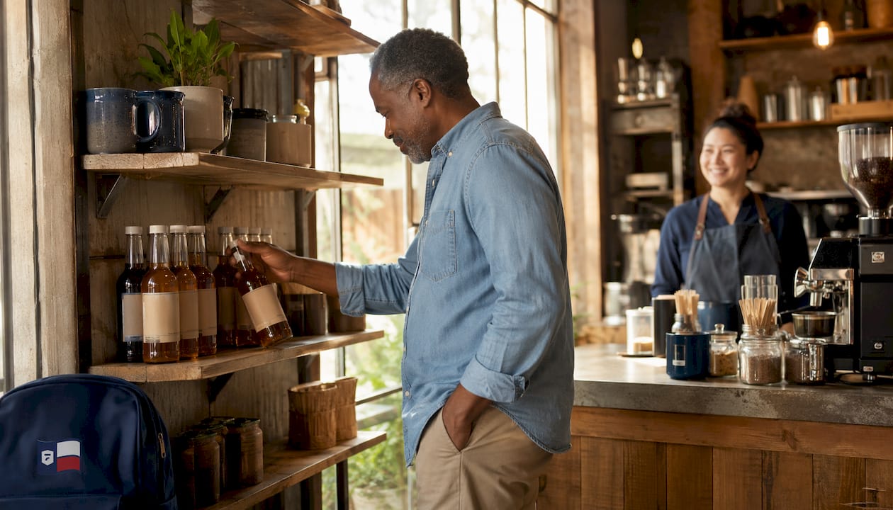 Customer picking dairy free caramel syrup bottle