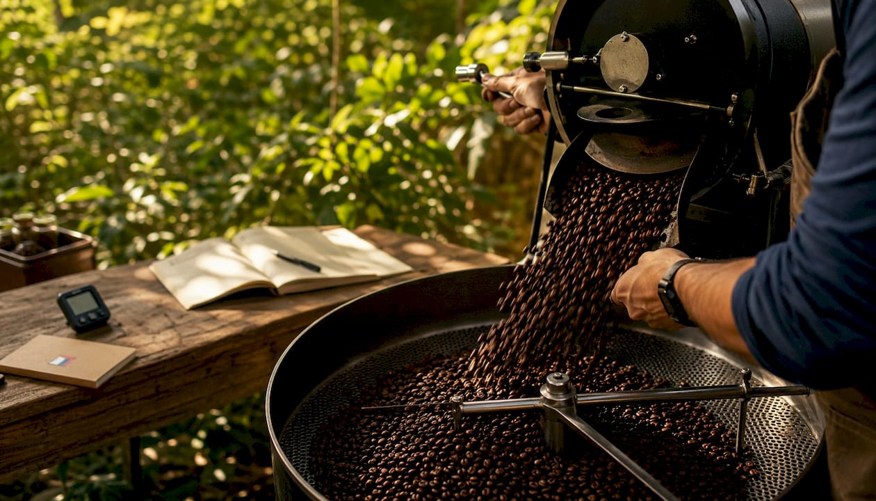 Close-up of roasted coffee beans cooling