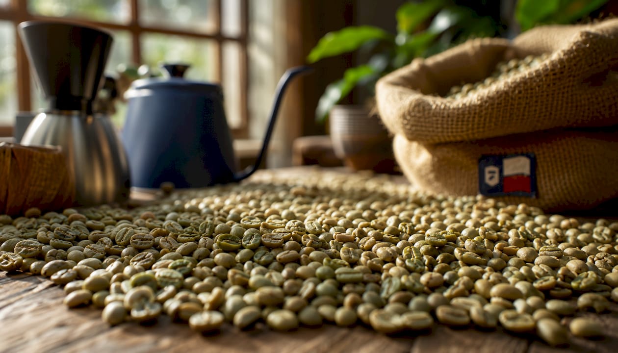 Close-up overhead of green coffee bean varieties