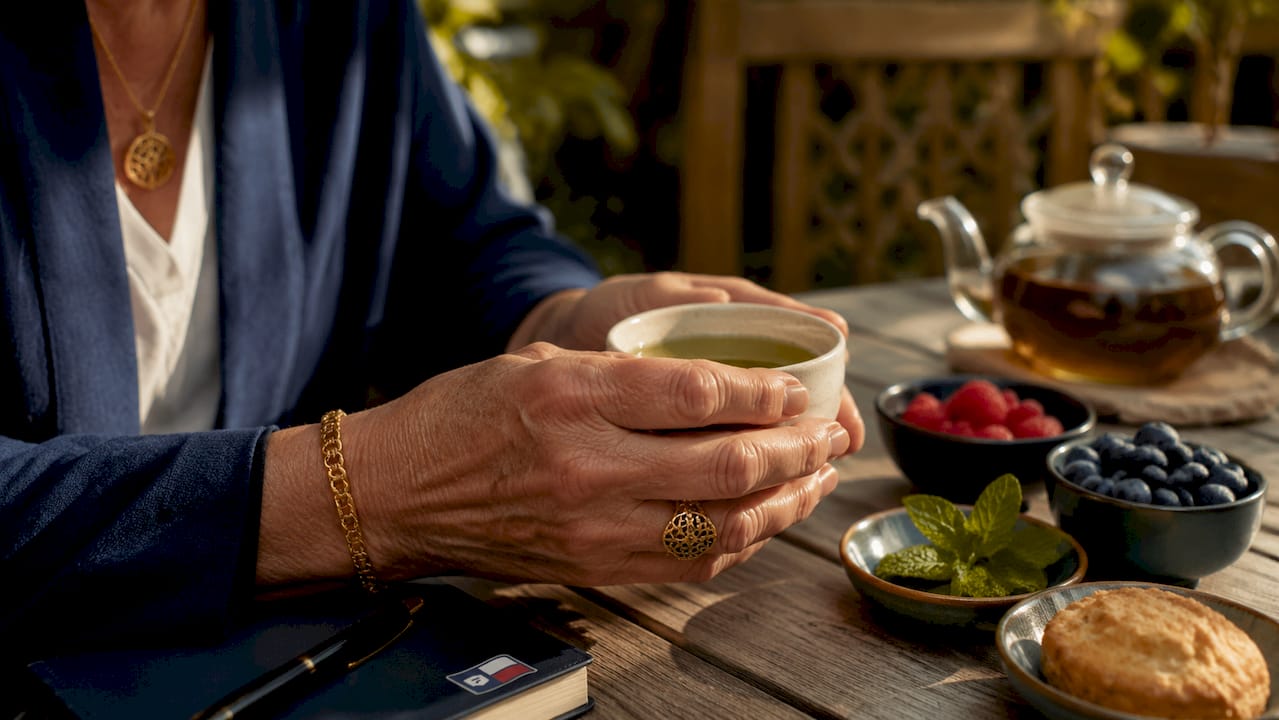 Hands holding black tea with complementary snacks