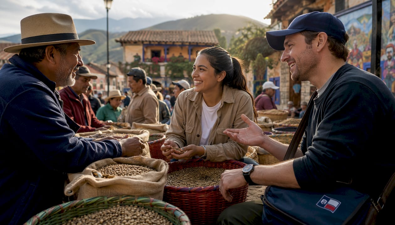 Artisan coffee market with farmers and buyers interacting