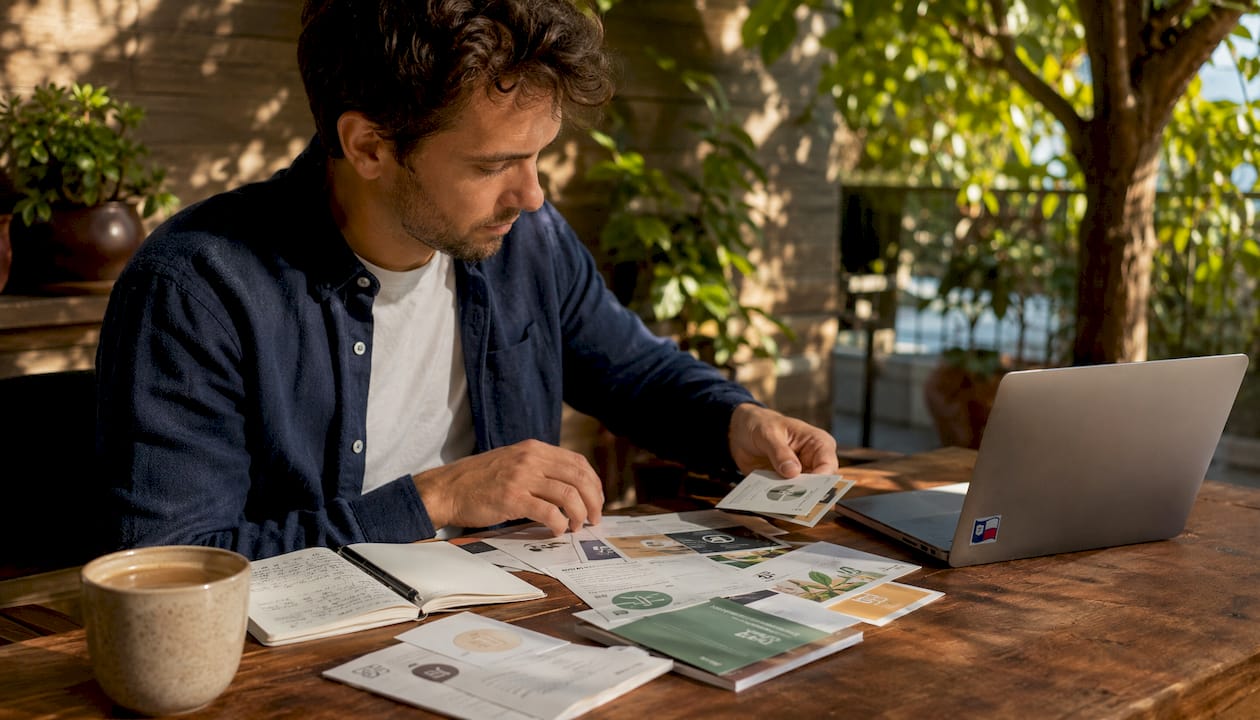 Man reviewing coffee certification labels at home