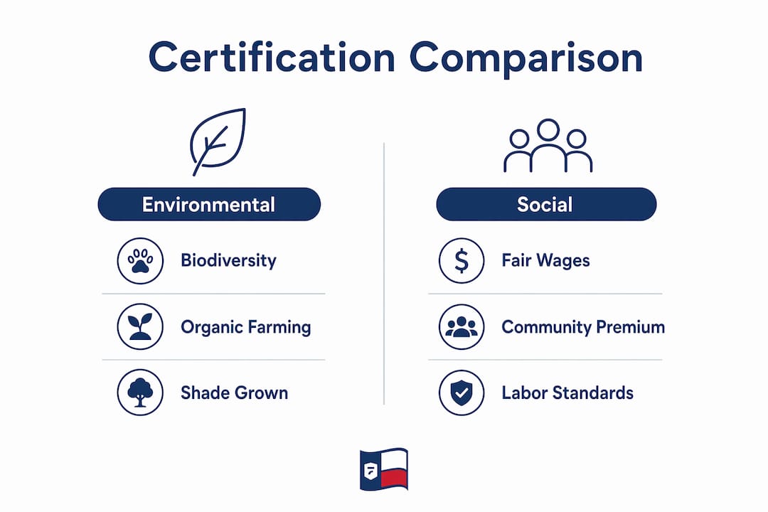 Infographic comparing environmental and social aspects of coffee certifications