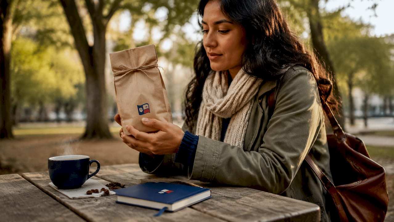 Woman inspecting specialty coffee bean bag outdoors