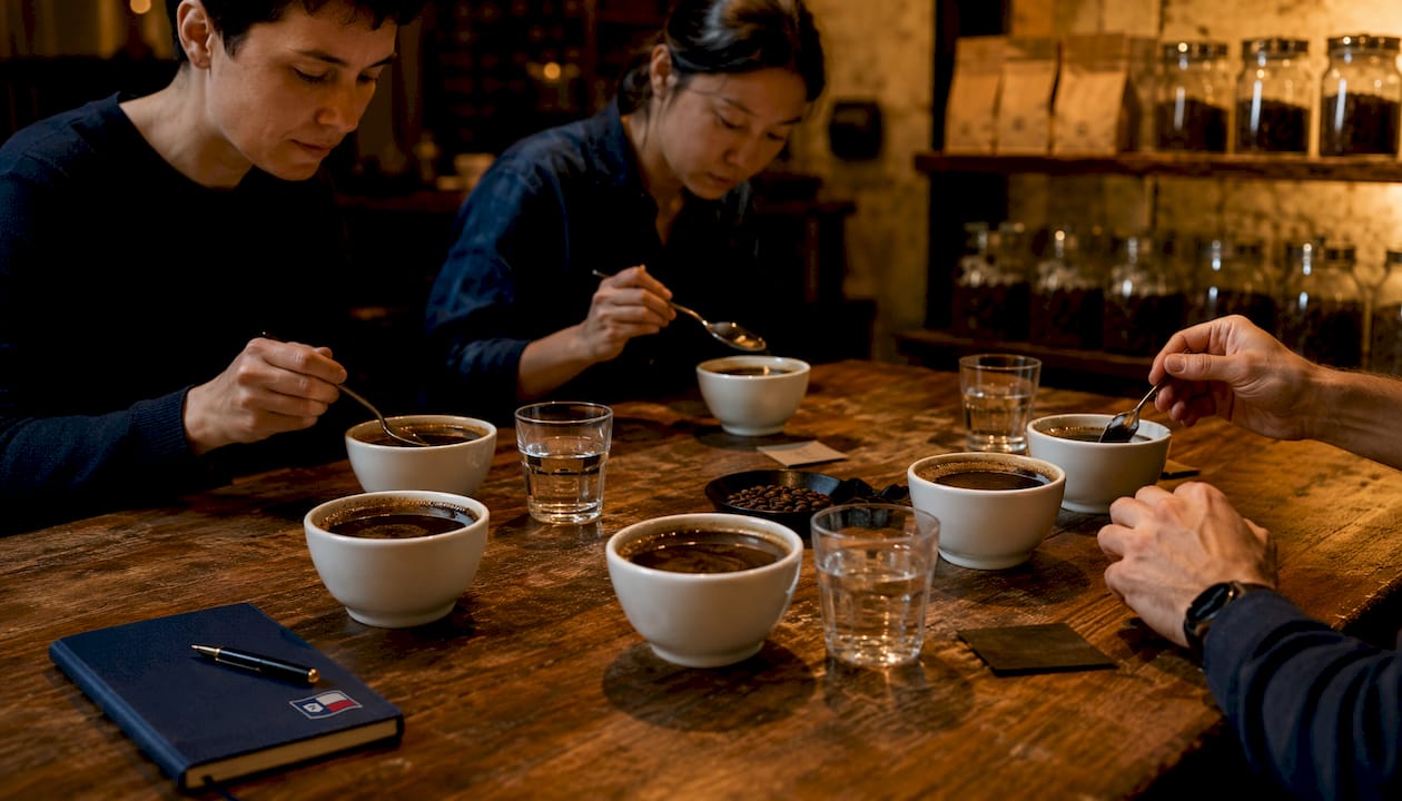 Overhead view of professional coffee cupping session setup