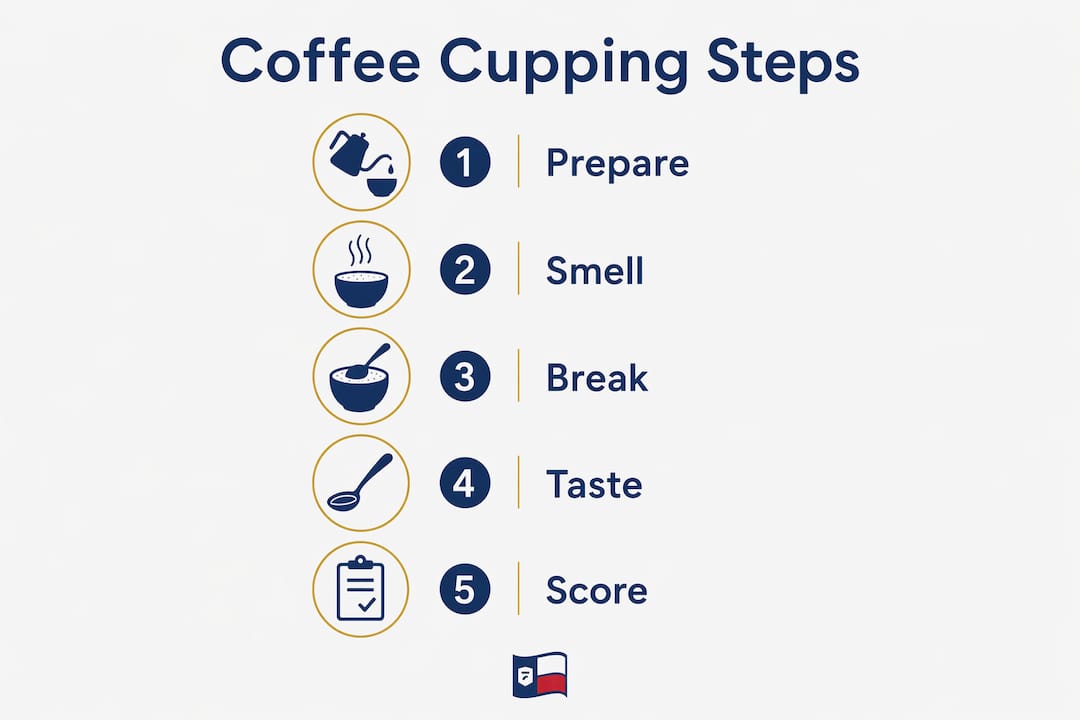 Infographic illustrating coffee cupping evaluation steps