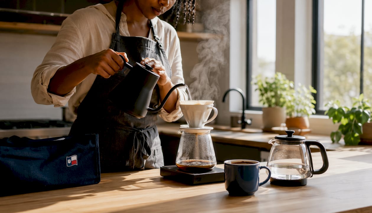Barista pouring water for coffee bloom in Chemex