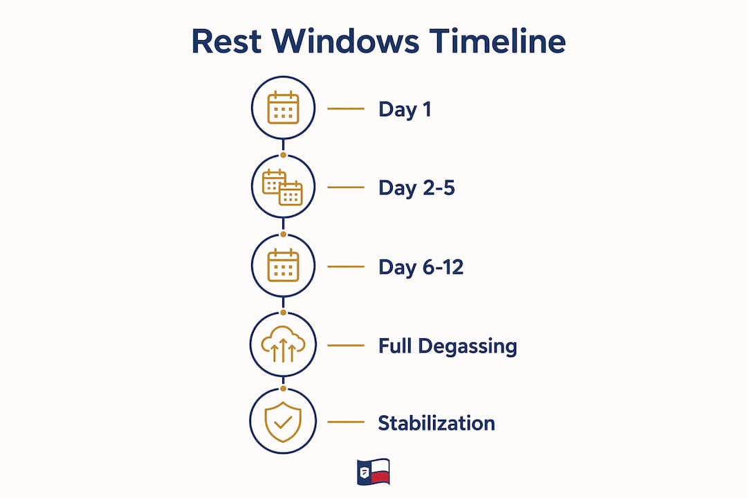 Infographic illustrating coffee degassing rest windows timeline