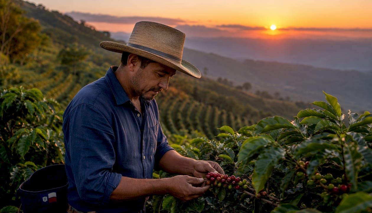 High-altitude coffee farm at sunrise