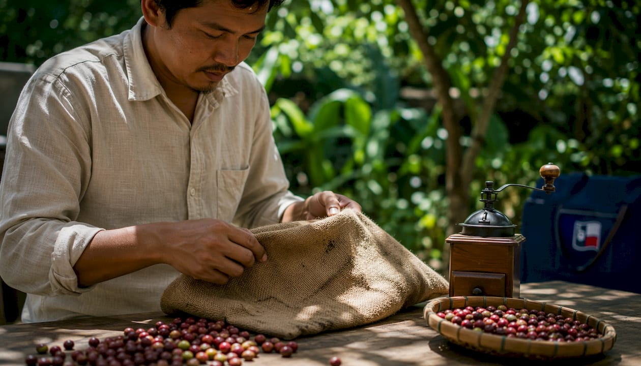 Hands holding coffee bag with roast info