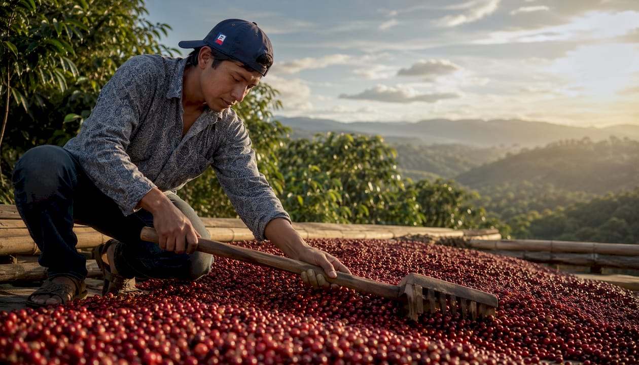 Coffee farmer raking drying coffee cherries outdoors