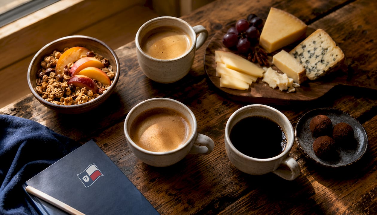 Flat lay of coffee roasts paired with matching foods