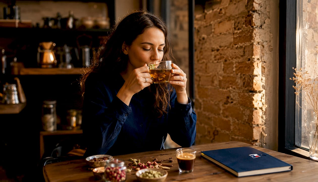 Hands holding tea and coffee with aromatic spices overhead