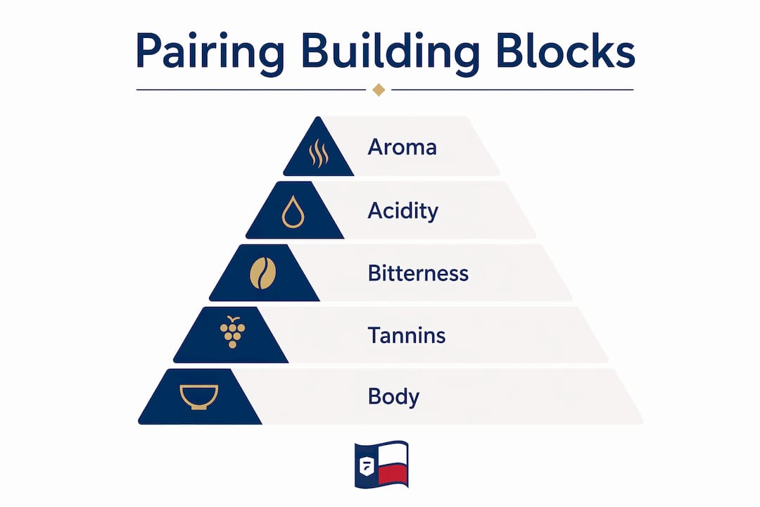 Infographic illustrating sensory building blocks for pairing coffee and tea with food