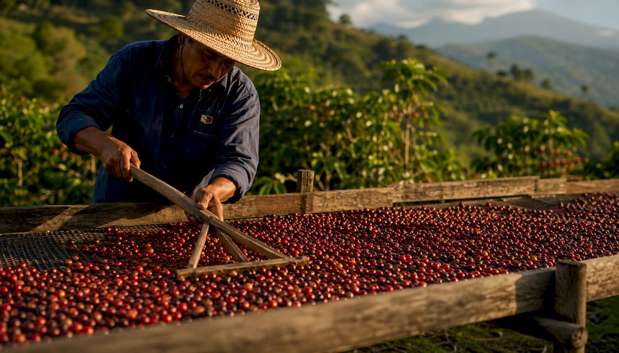Hands raking coffee cherries on raised drying bed