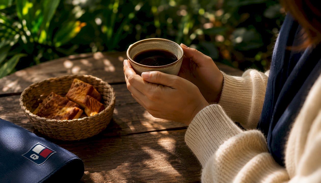 Hands holding brewed dry-process coffee cup