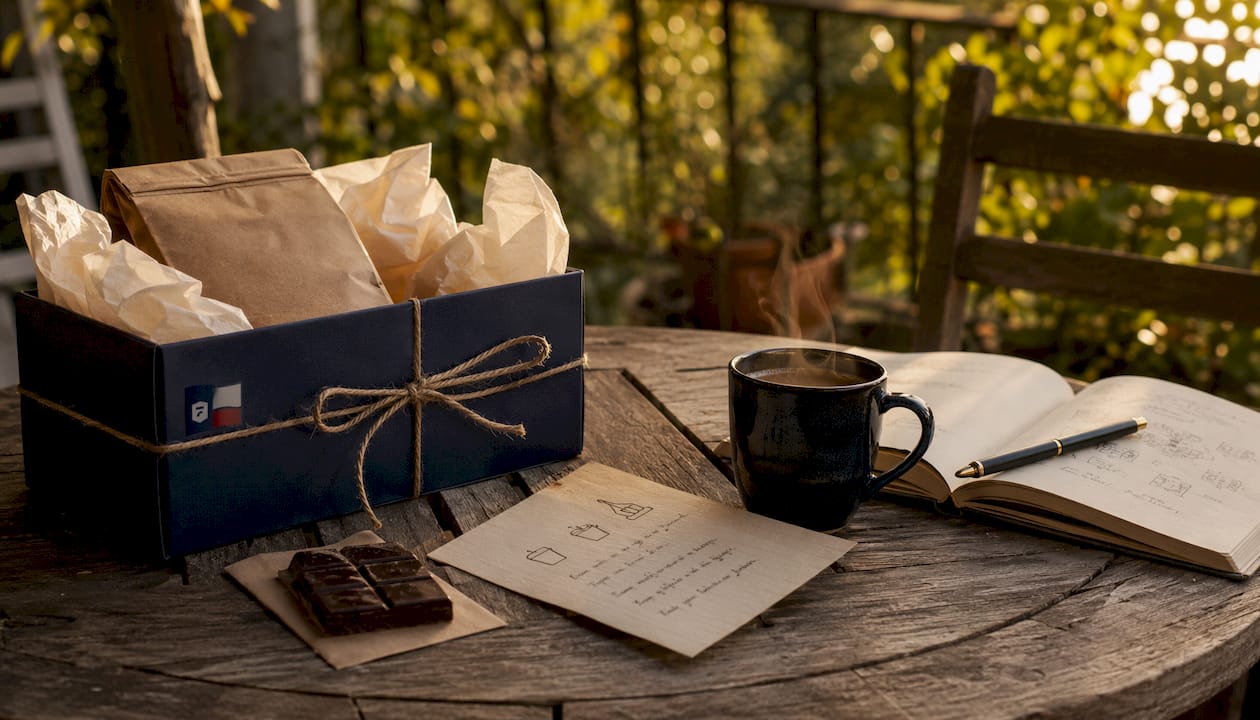 Coffee gift box with chocolate and brewing note on desk