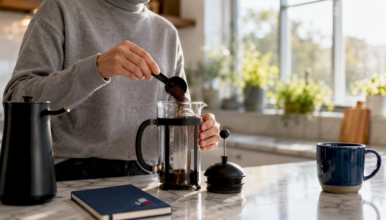 Close-up of hands preparing pour-over coffee setup