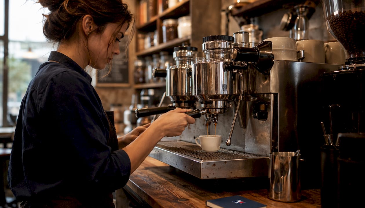Close-up of espresso extraction at cafe machine