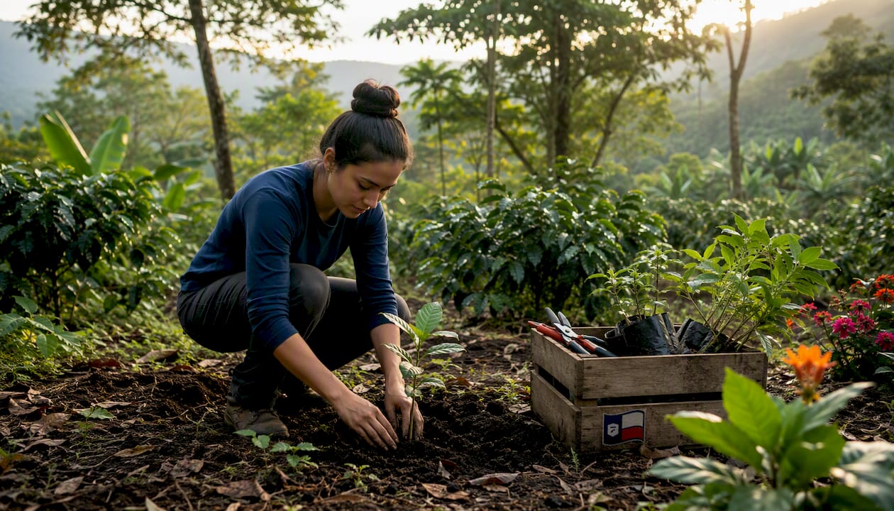 Hands planting shade tree seedling near coffee plants