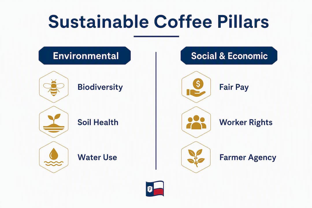 Infographic showing environmental and social economic coffee farming pillars