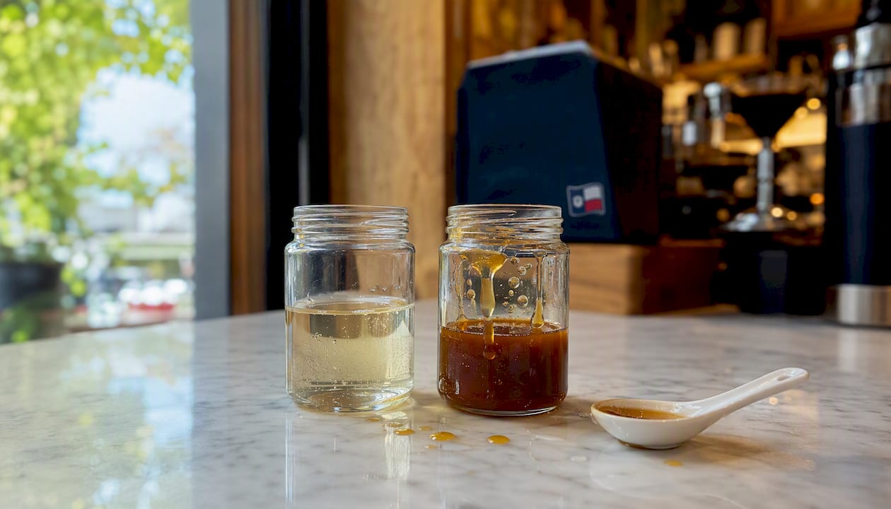 Close-up of simple syrup and barista syrup jars