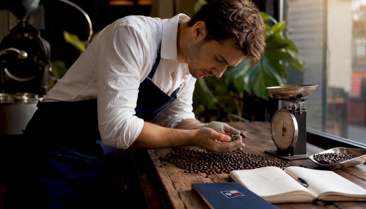 Hands inspecting freshly roasted coffee beans