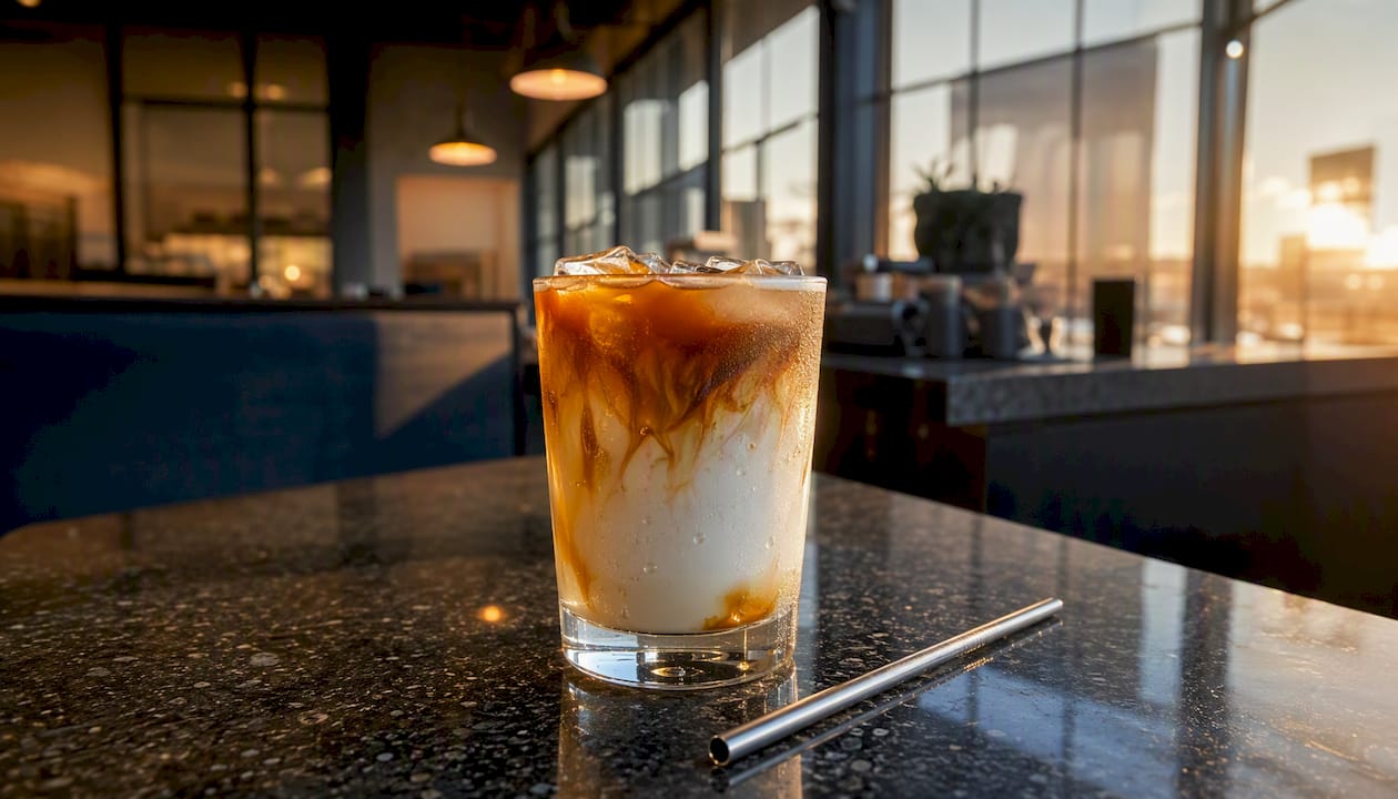 Iced latte with syrup layering and ice