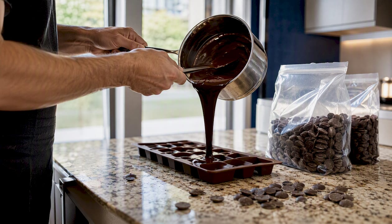 Pouring melted chocolate coating wafers