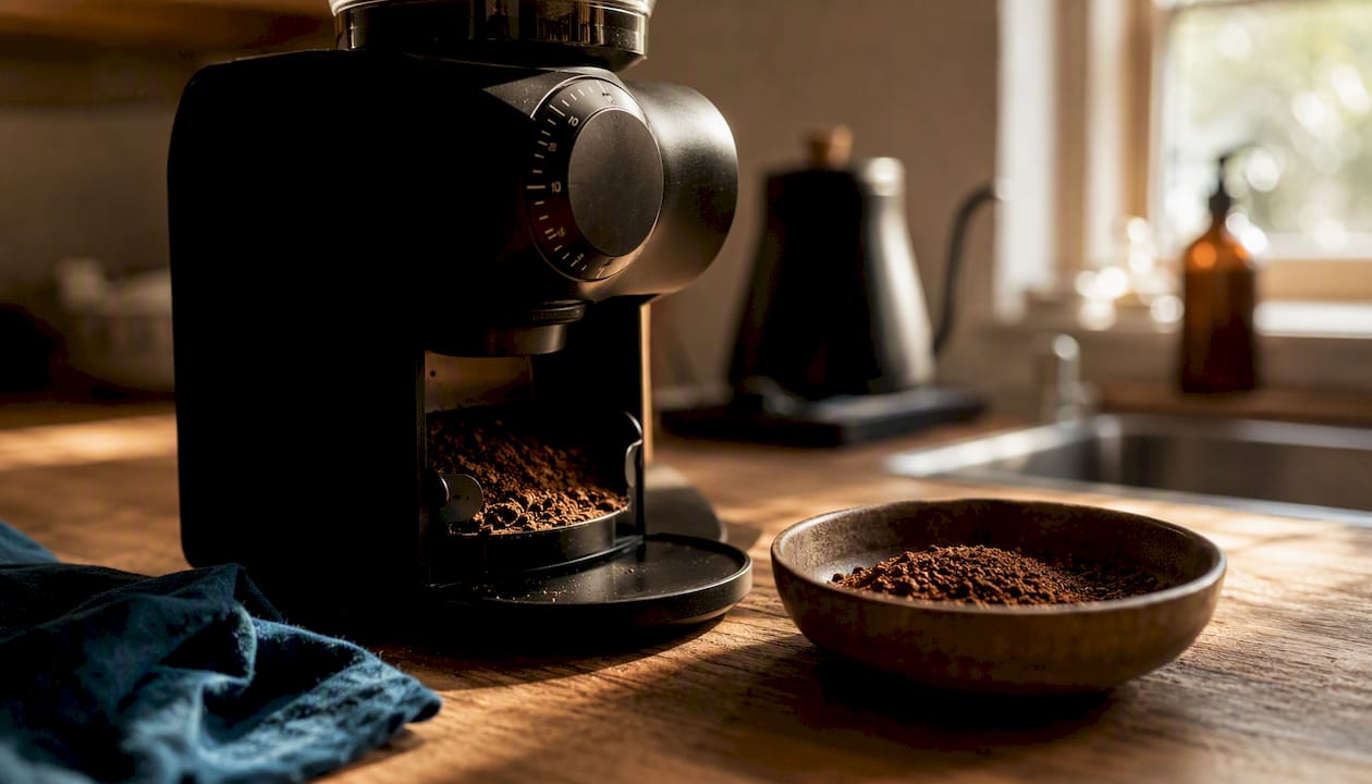 Close-up of burr coffee grinder with coarse grounds