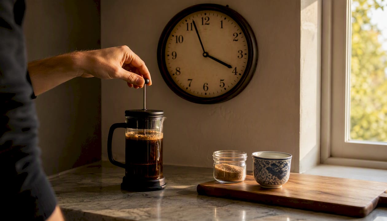Hand pressing French press plunger during steep