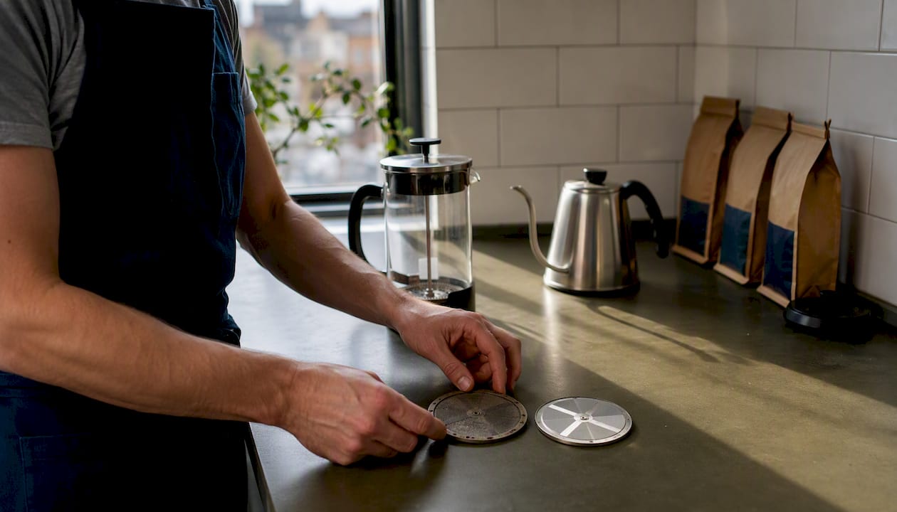 Hands replacing French press mesh screen