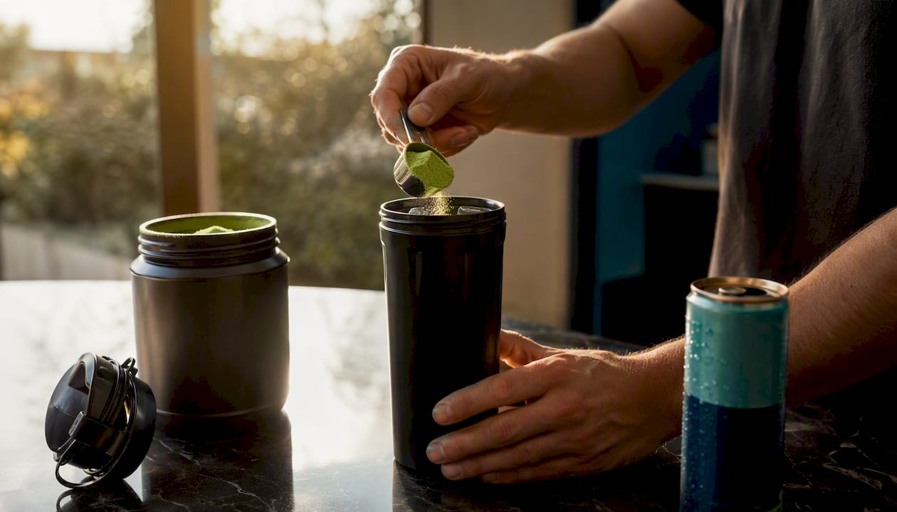 Hands scooping supplement powder into water for energy drink