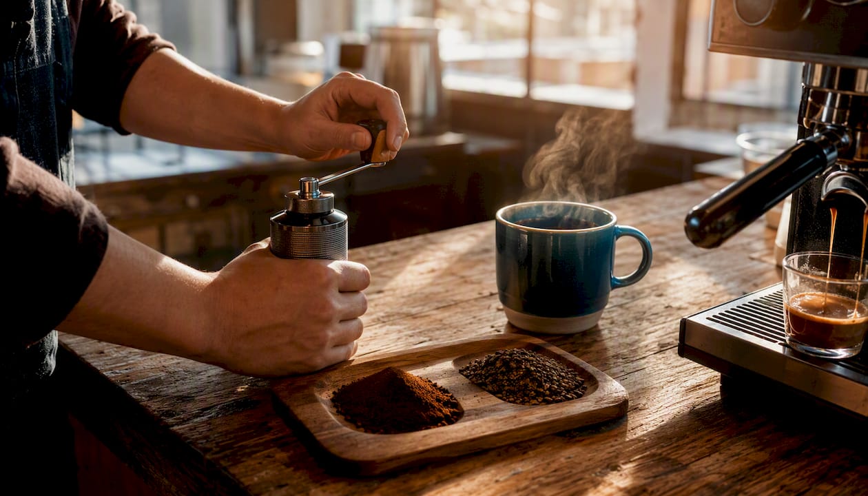 Barista grinding beans and extracting espresso alongside drip coffee