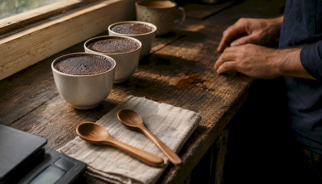 Coffee cupping bowls and brewing tools on rustic table