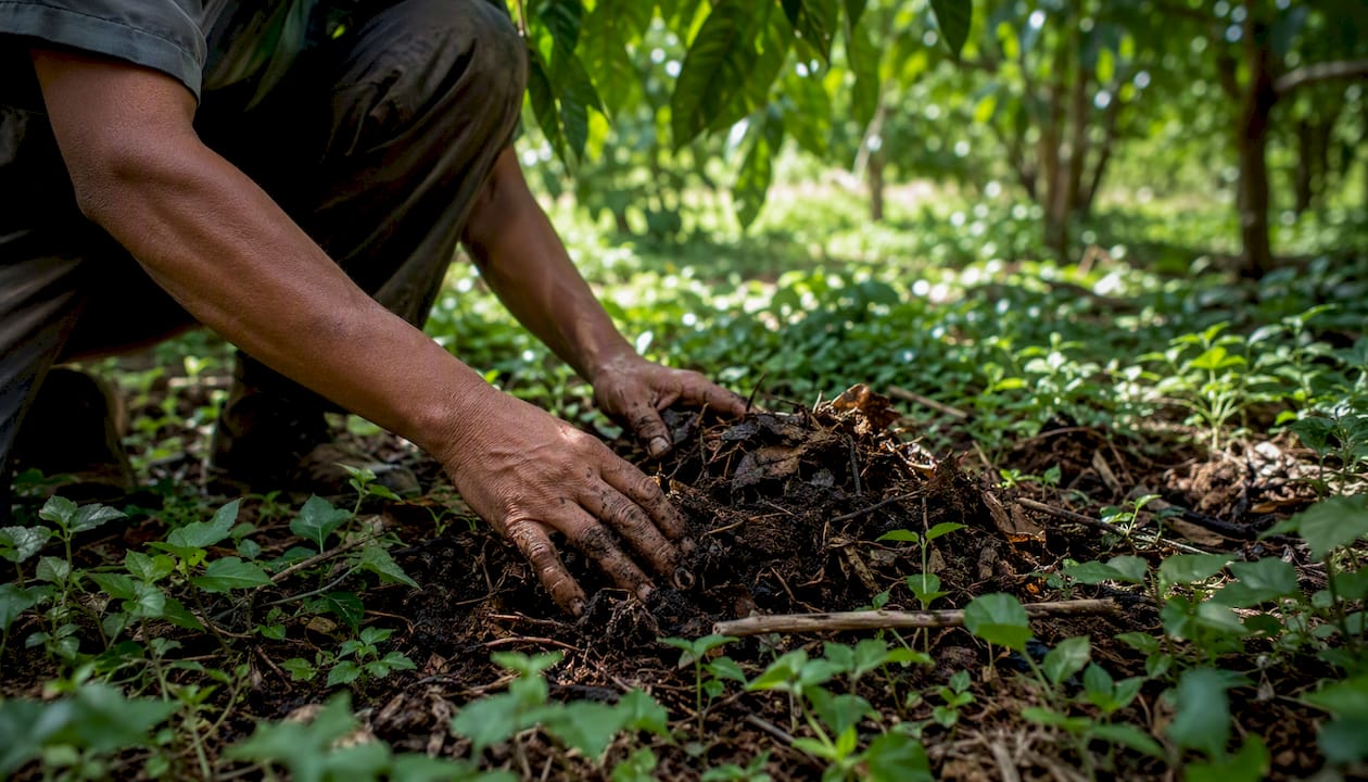 Hands adding compost and cover crops in coffee soil