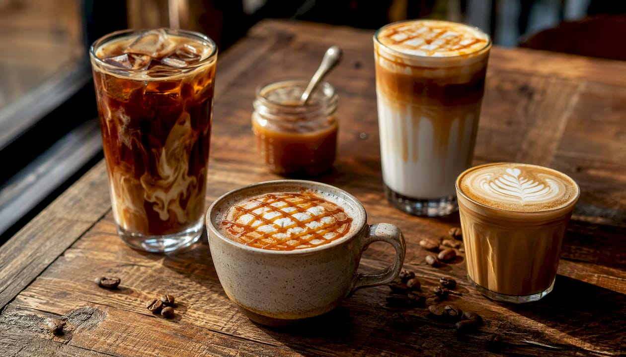 Variety of caramel coffee drinks on table